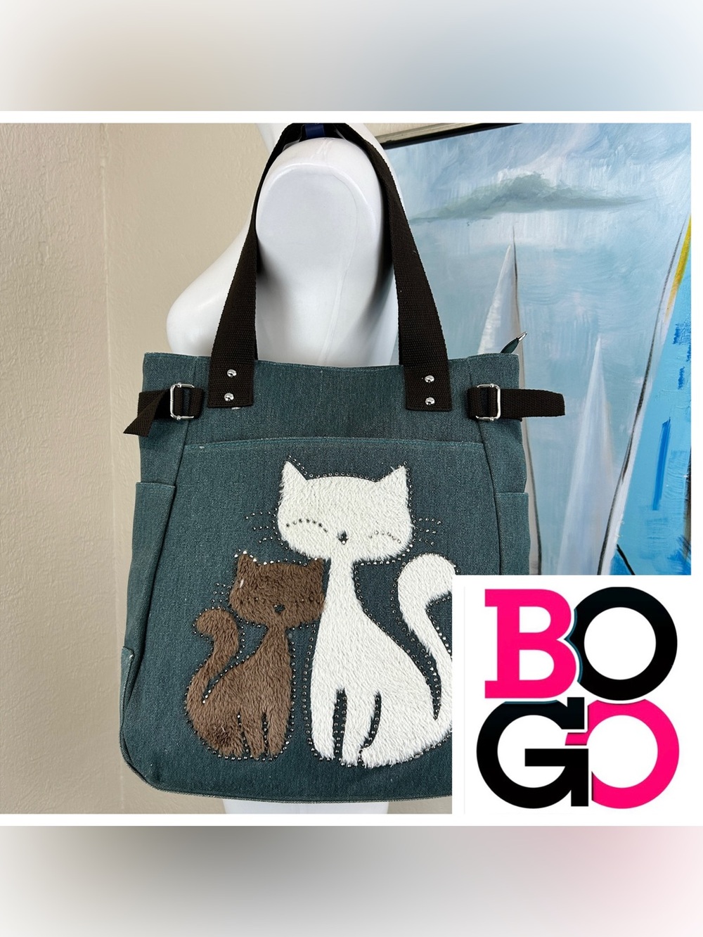 Kaukko 2 Cat Shoulder Tote - Green Washed Canvas